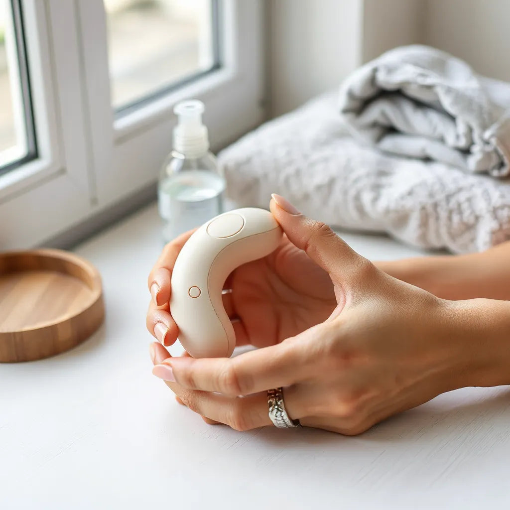 A woman’s hands holding a sleek A-spot vibrator on a clean bedside table with lubricant nearby