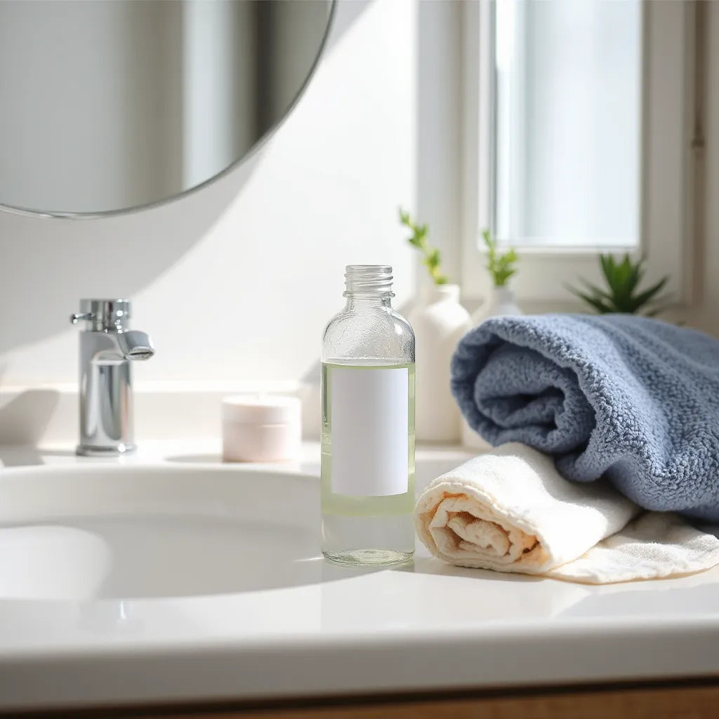 Small lubricant bottle on a bathroom vanity with a towel and soft natural light