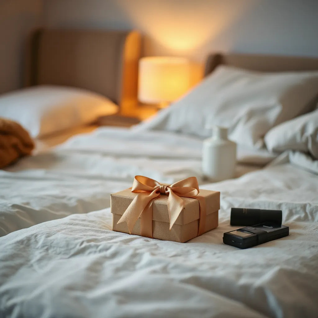 Discreet gift box with ribbon on a bedside table beside intimate accessories in warm bedroom lighting