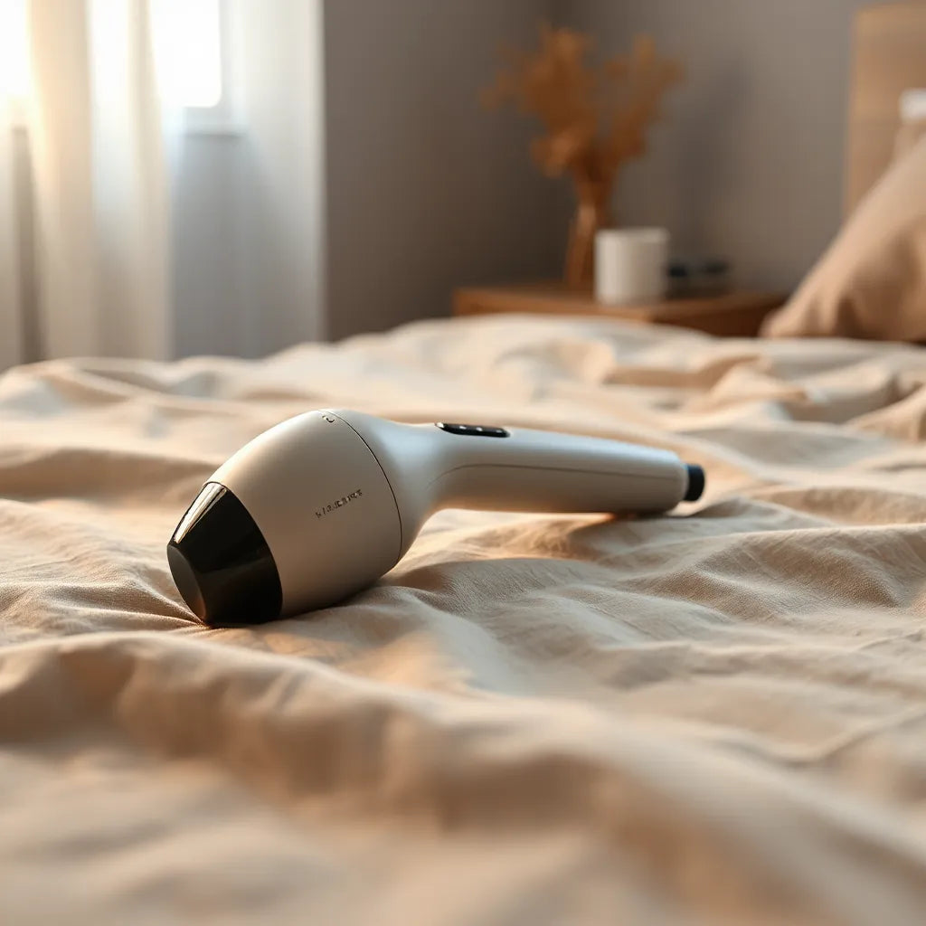 A sleek premium vibrating massager on a neutral surface in soft, minimal lighting