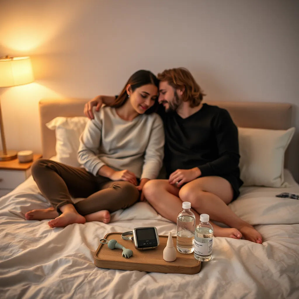 Couple relaxing in a softly lit bedroom with discreet sex toy accessories and lubricant nearby