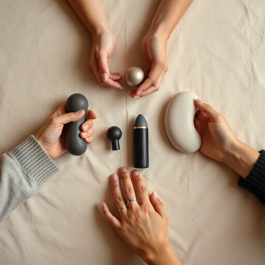 Assorted gender-neutral intimate devices neatly arranged on a neutral surface with warm lighting