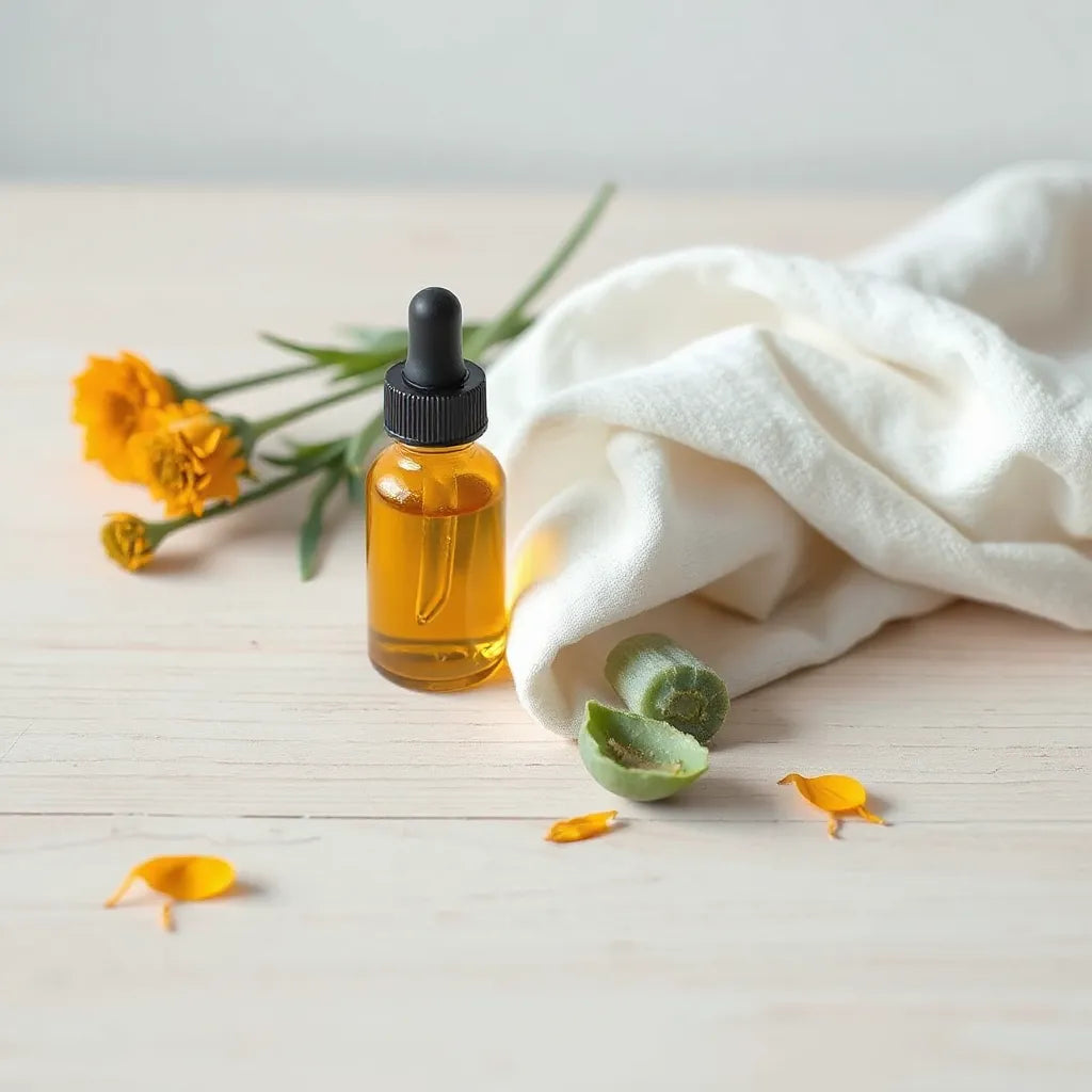Amber dropper bottle of organic clitoral arousal serum with botanical ingredients on a light wood surface