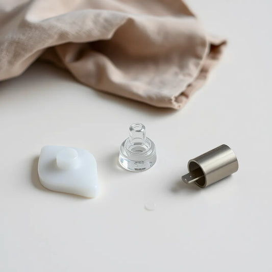 Silicone, glass, and stainless steel sex toy materials displayed on a clean neutral surface with soft lighting