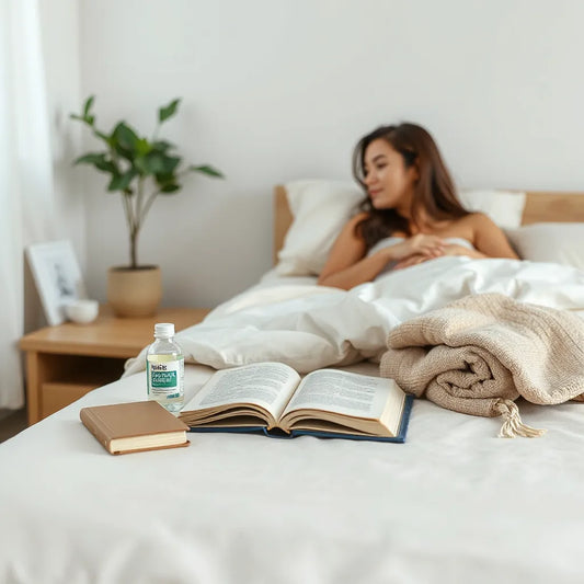 Couple’s wellness items on a bedside table in soft daylight, suggesting comfortable sexual health care