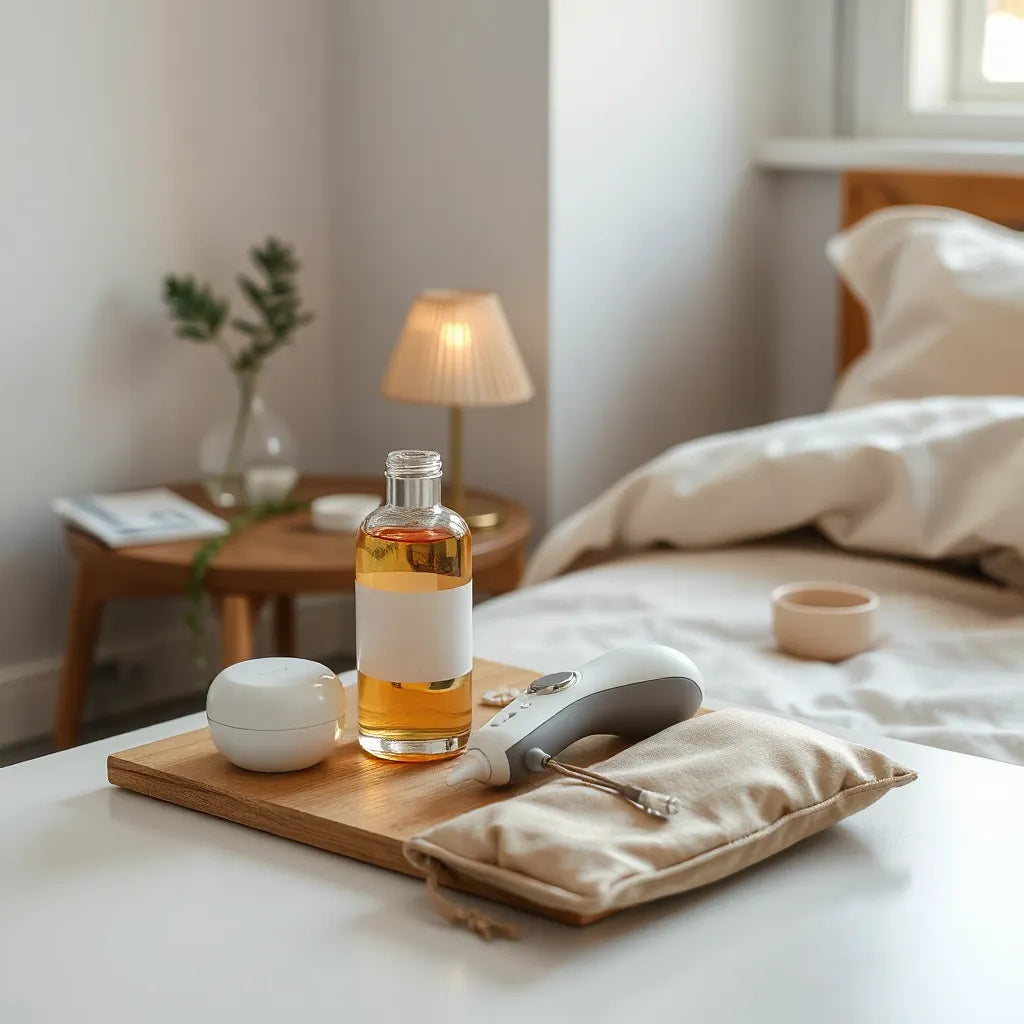 Discreet massage oil and personal massager neatly arranged on a bedside table in warm natural light